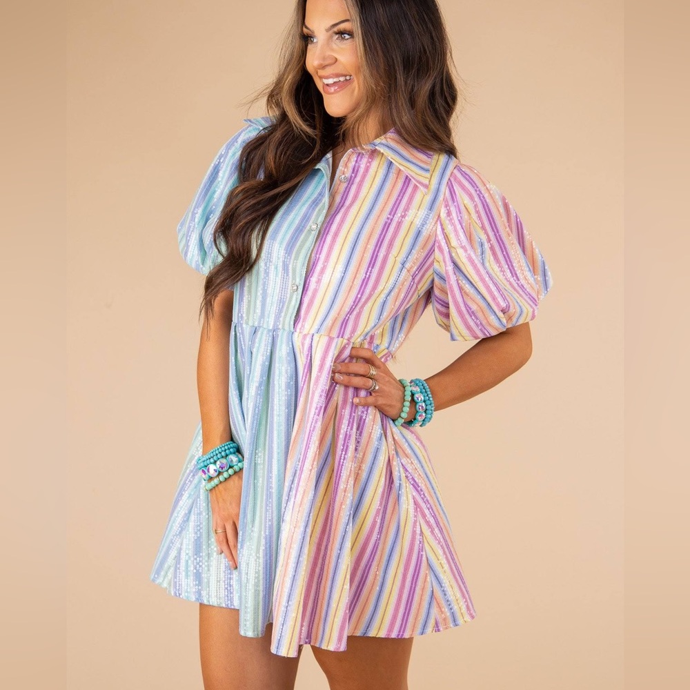 Queen of Sparkles Split Sequin Striped Collar Dress